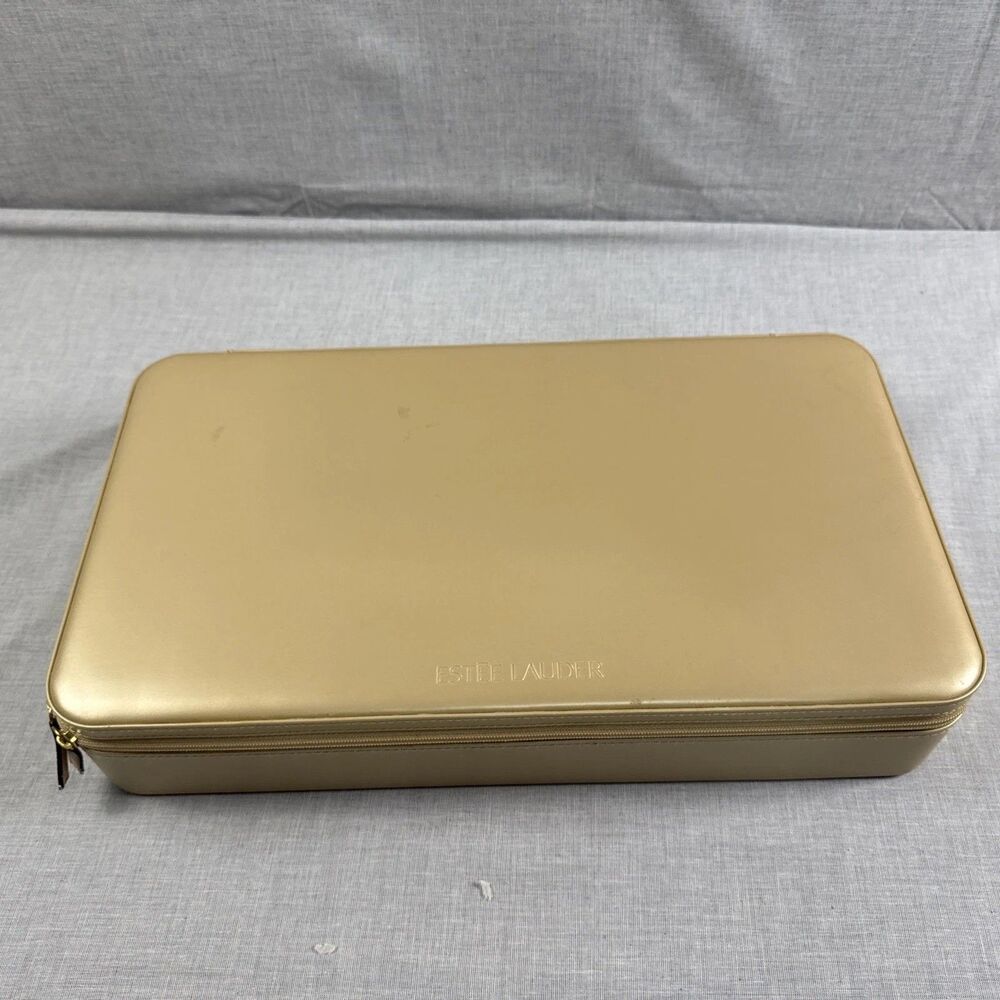 Estee Lauder Gold Hard Shell Cosmetic Case W/Mirror Jewelry Makeup Organizer Box